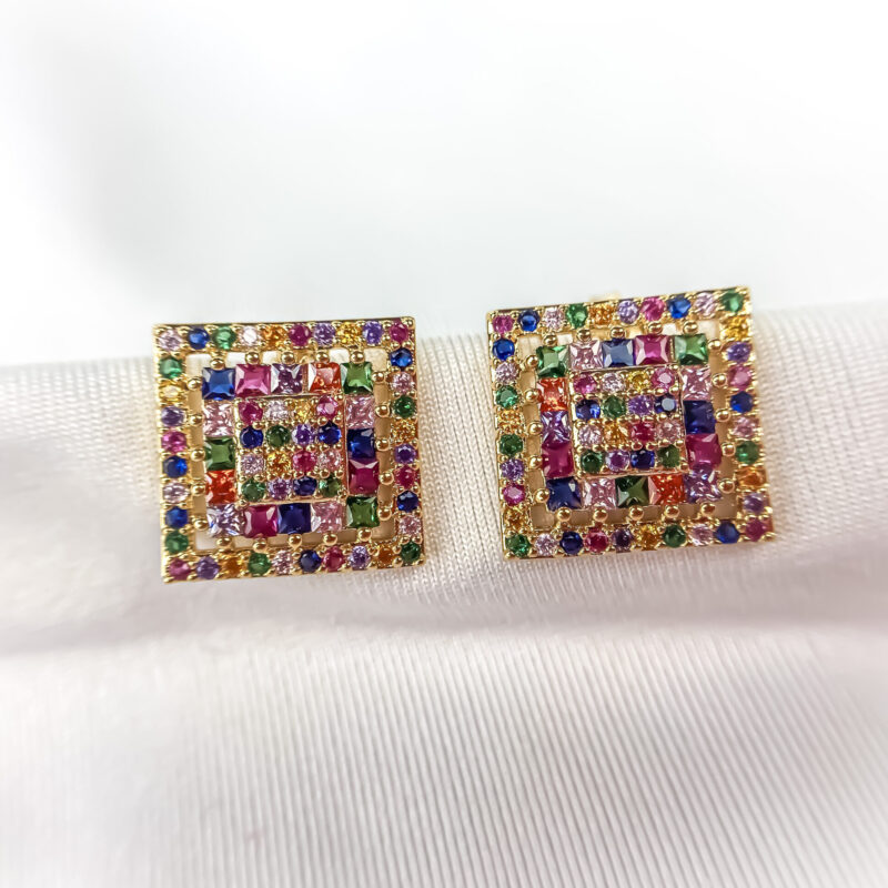 Brinco Geométrico Zircônias Coloridas Arco-Íris