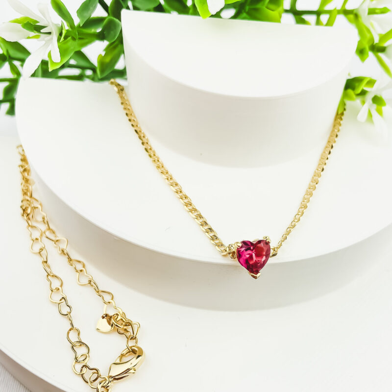 Choker Pedra Rosa Formato Coração